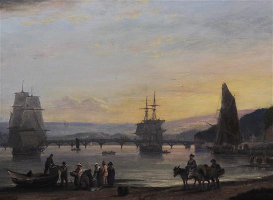 Thomas Luny (1759-1837) Shipping in harbour at sunset and Along the coast with fisherfolk hauling nets 11.5 x 15.75in.